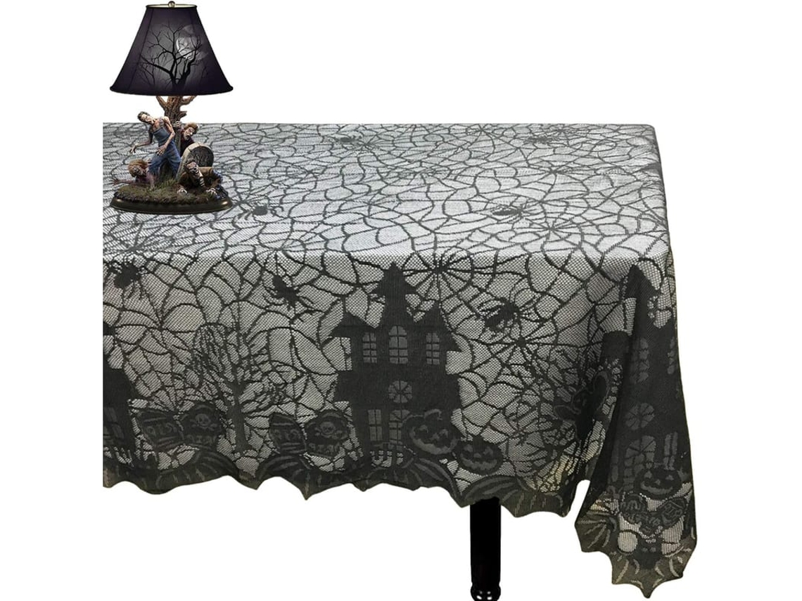 Toalha de mesa de Halloween em renda preta com teia de aranha - 53 x 68 polegadas