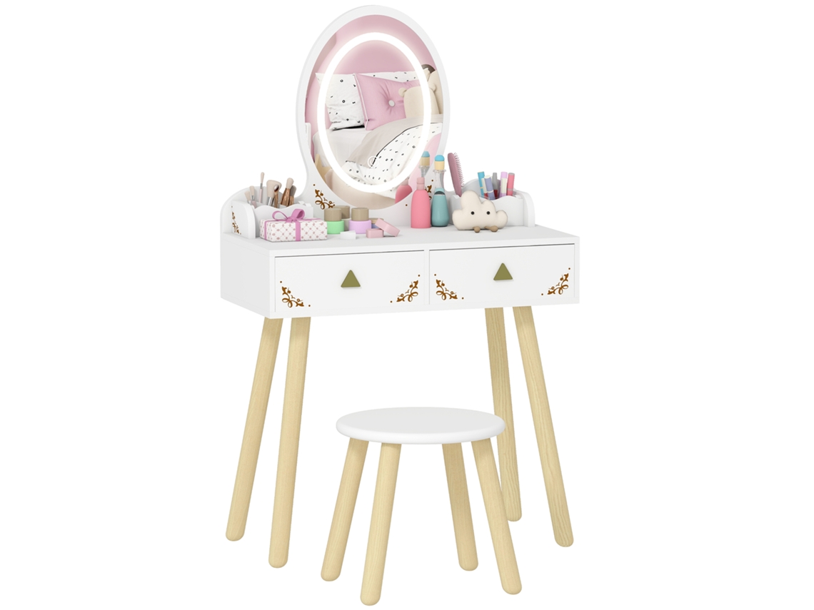 Penteadeira infantil com espelho de LED, 3 cores e banco 60x30x99,3 cm branco S/MARCA