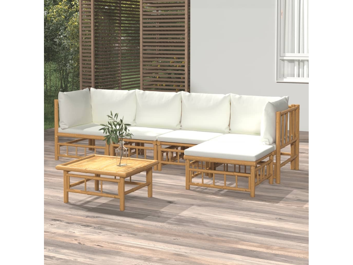 6 Pcs Conjunto Lounge De Jardim Bambu C/ Almofadões Branco Nata Dkd Home Decor