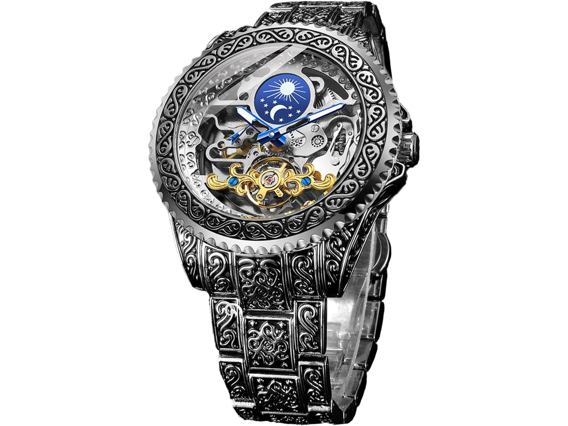 Retro Esculpido Auto-Vento Tatuagem Mecânica Tourbillon Fase Da Lua Esqueleto Automático Grande Mostrador Relógios de Pulso VEANXIN