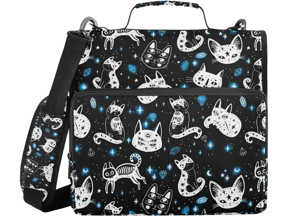 Pasta Mystical Cat Preta Com Ziper E Alça, Grande Capacidade, 3, 8cm 1, 5 Polegadas, 3 Argolas Armazenamento