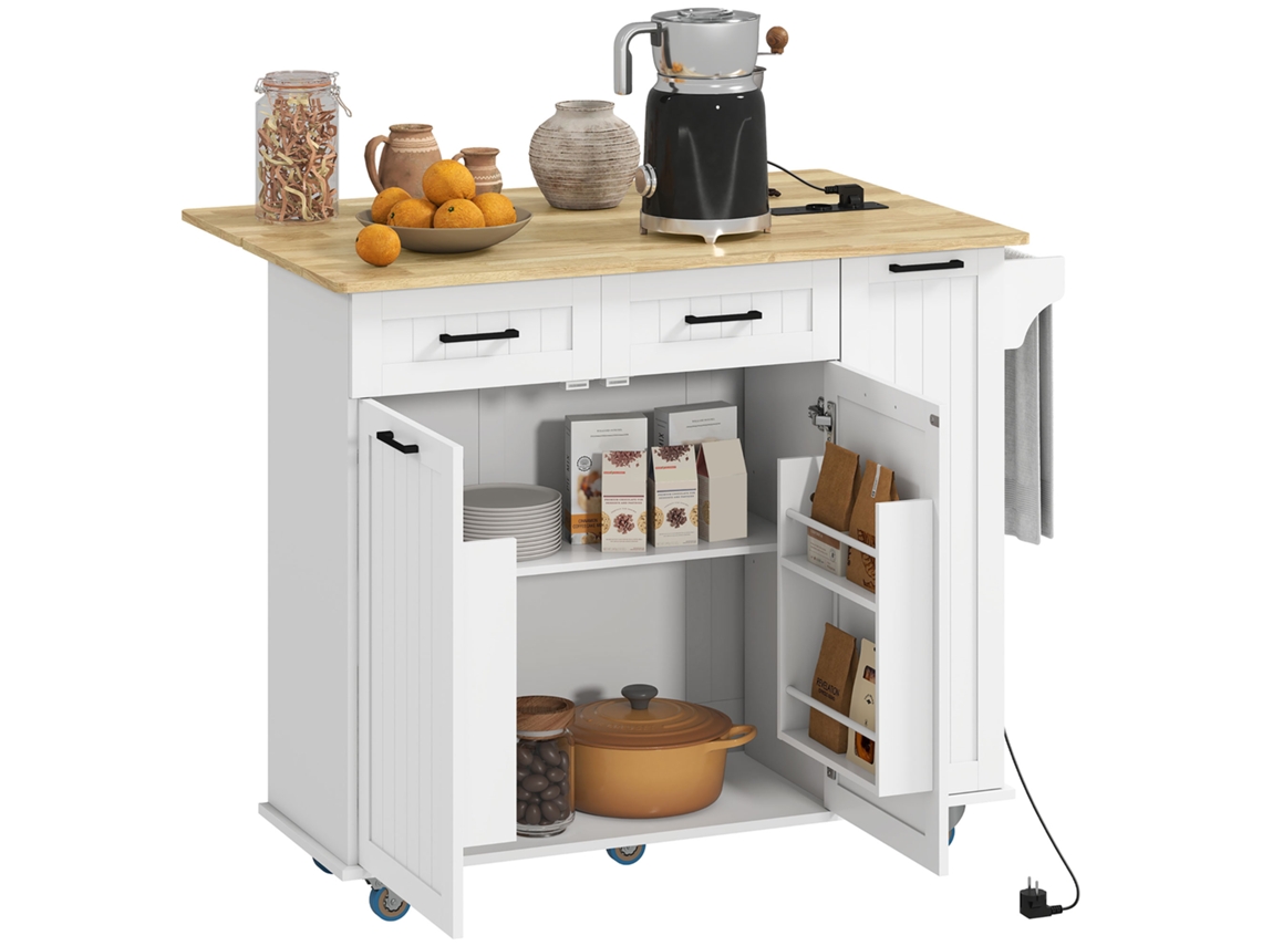 Ilha de Cozinha Móvel com Tomada Elétrica e Porta USB, Prateleira Dobrável, Ajustável, Branca VISTA