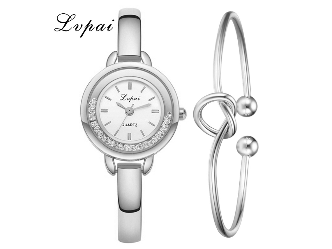 Relógio de Pulso Feminino de Quartzo Casual Pulseira Strass Elegante Prata Branco