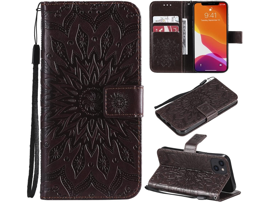 Capa Polegada Girassol Design Relevo Stent para iPhone 14 HONGWE. Pele Sintética Magnética Castanho