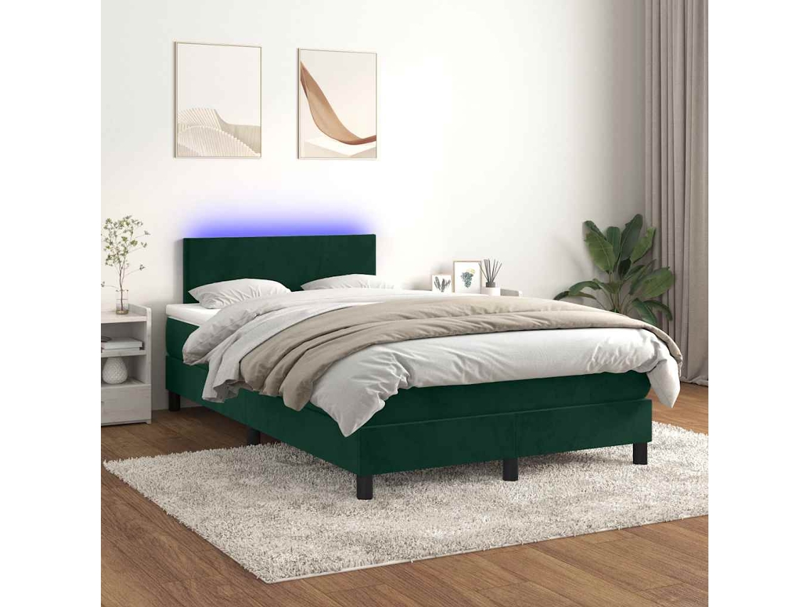 Vidaxl Cama Box Spring C/ Colchão/led 120x200 Cm Veludo Verde-escuro