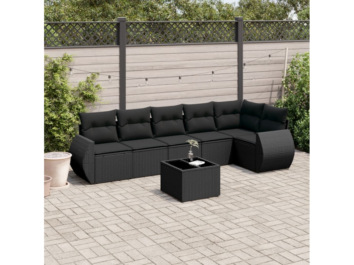 Vidaxl 7 Pcs Conjunto De Sofás P/ Jardim C/ Almofadões Vime Pe Preto