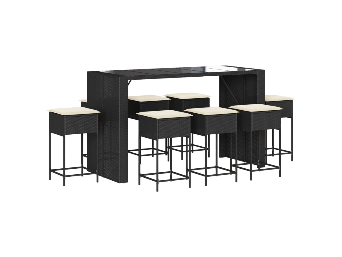 Conjunto 9 de bar para jardim c/ almofadões VIDAXL vime PE preto