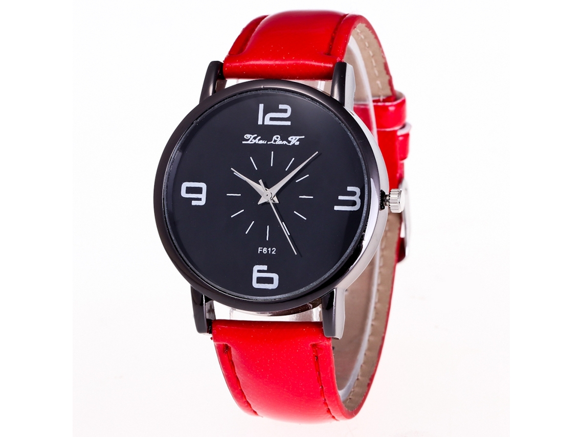 Relógio de quartzo com pulseira de couro e mostrador de cristal, estilo simples e moderno (vermelho)