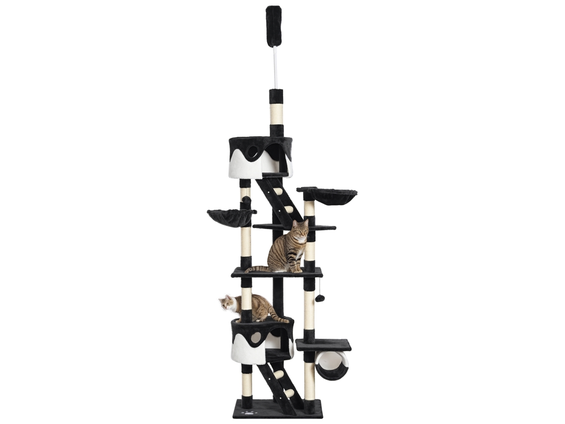 Árvore para Gatos Ajustável para Teto, 240 260 Cm, com Camas, Redes, Escadas e Cordas de Sisal, Cinza Escuro e Branco. ESSÊNCIACASA