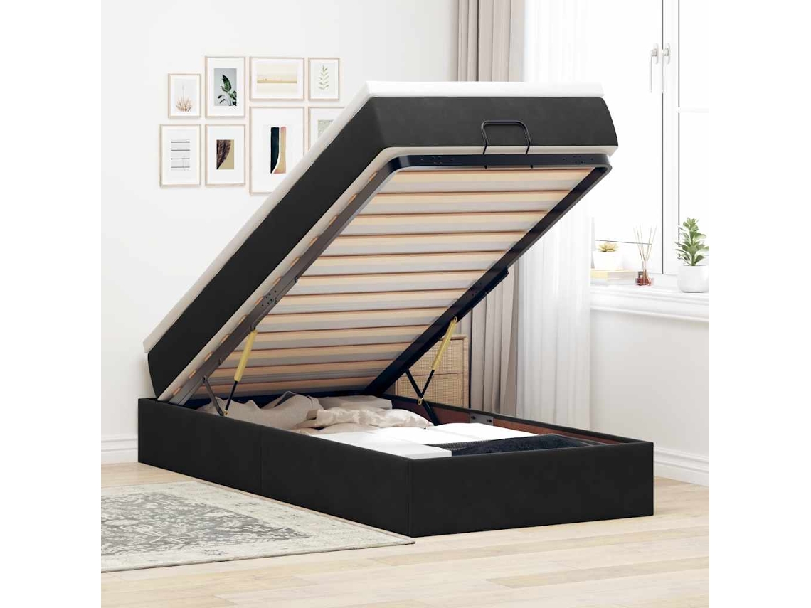 Estrutura de cama otomana com colchão preto veludo