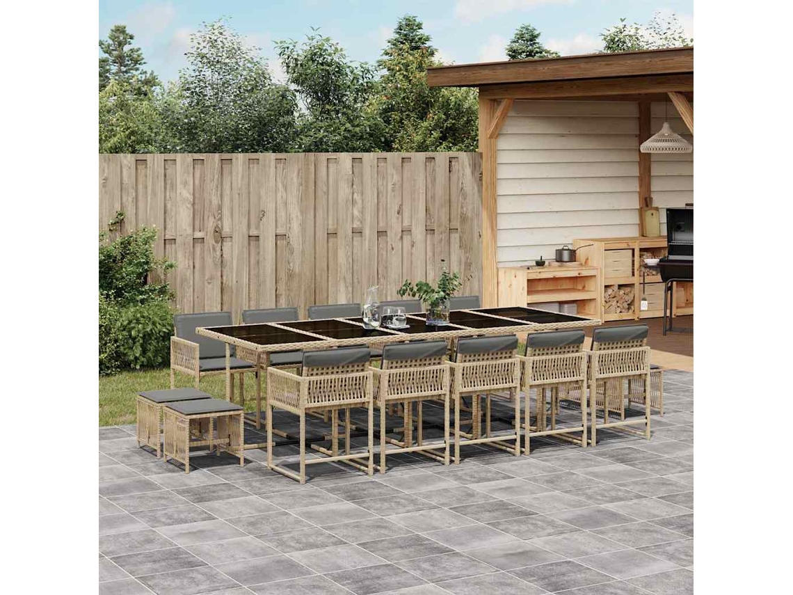 Vidaxl 15 Pcs Conj. Jantar Jardim C/ Almofadões Vime Pe Bege Misturado