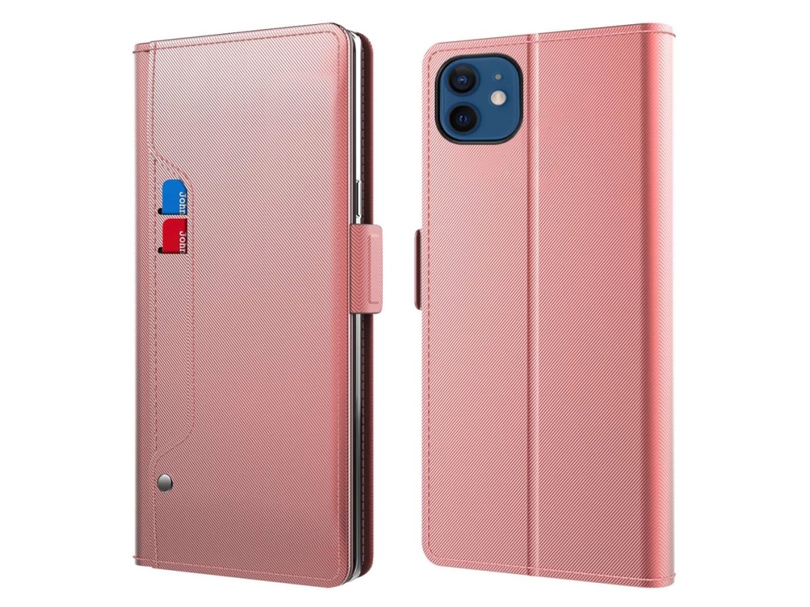 Capa Para Iphone 12 Pele Sintética Anti-choque Magnética Com Porta-cartões Rosa