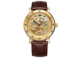 Relógio mecânico automático masculino Forsining com pulseira de couro PU marrom dourado.