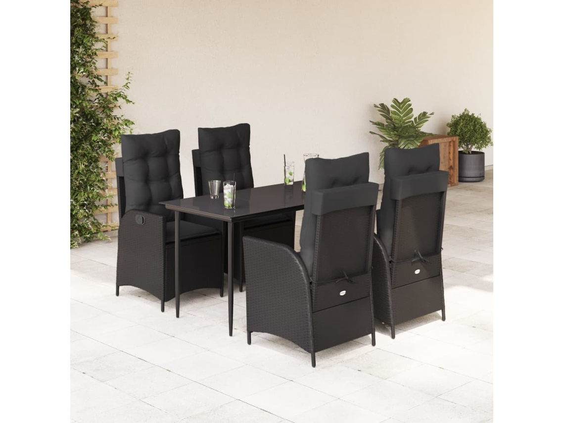 Vidaxl 5 Pcs Conjunto De Jantar P/ Jardim C/ Almofadões Vime Pe Preto