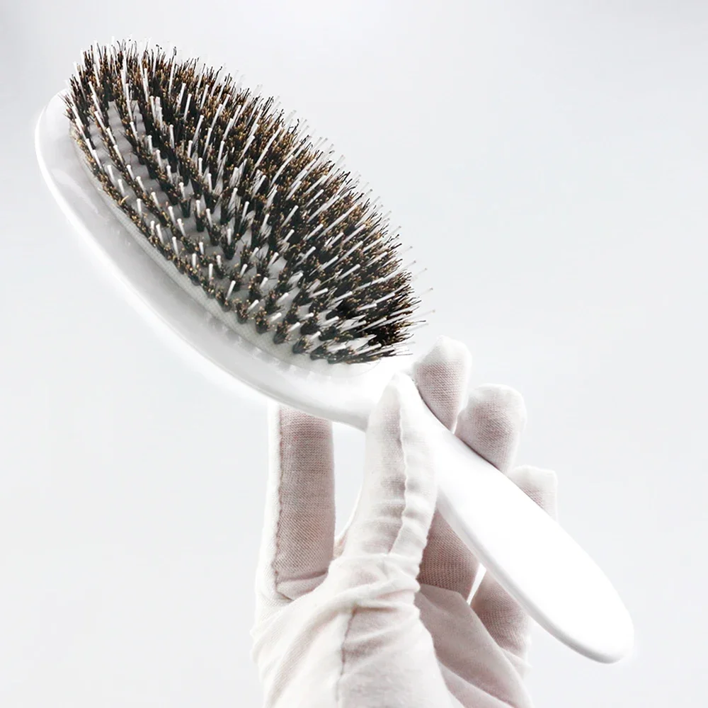 Escova De Cabelo Plana De Luxo Com Cerdas De Javali Douradas E Prateadas, Formato Oval, Antiestática (branca).