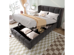Cama Infantil Estofada 90x200 cm com Base, Cabeceira e Sistema de Arrumação Pneumático, Estrutura em Linho Cinzenta NOVELA