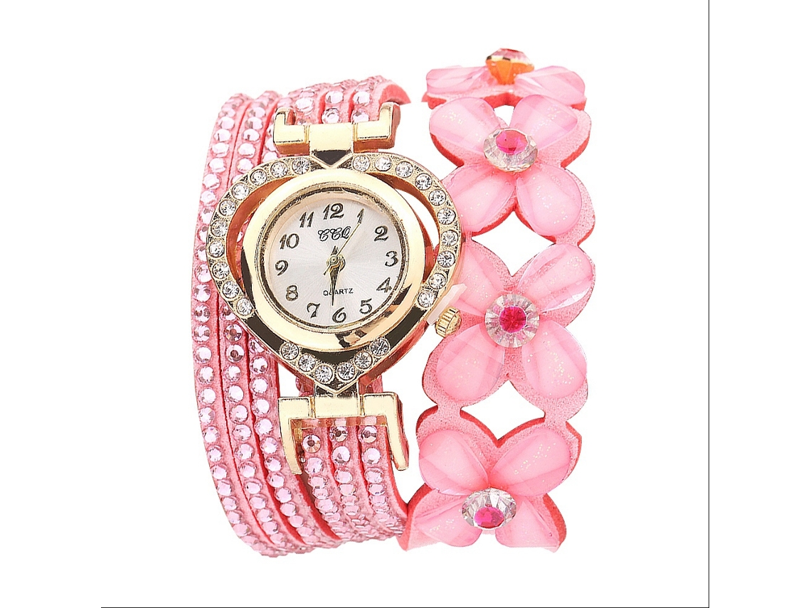Relógio de Pulso Feminino de Liga com Quartzo Pulseira Multicamadas e Strass Rosa