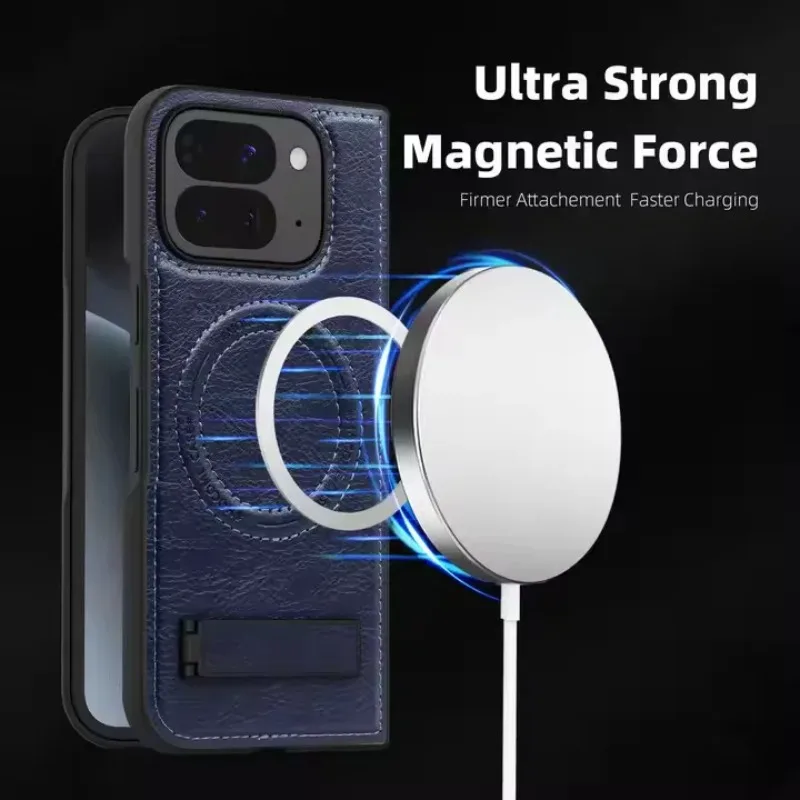 Capa Protetora De Couro Com Suporte Magnético E Carregamento Sem Fio (pixel 9 Pro Fold Azul), Estilo Armor.
