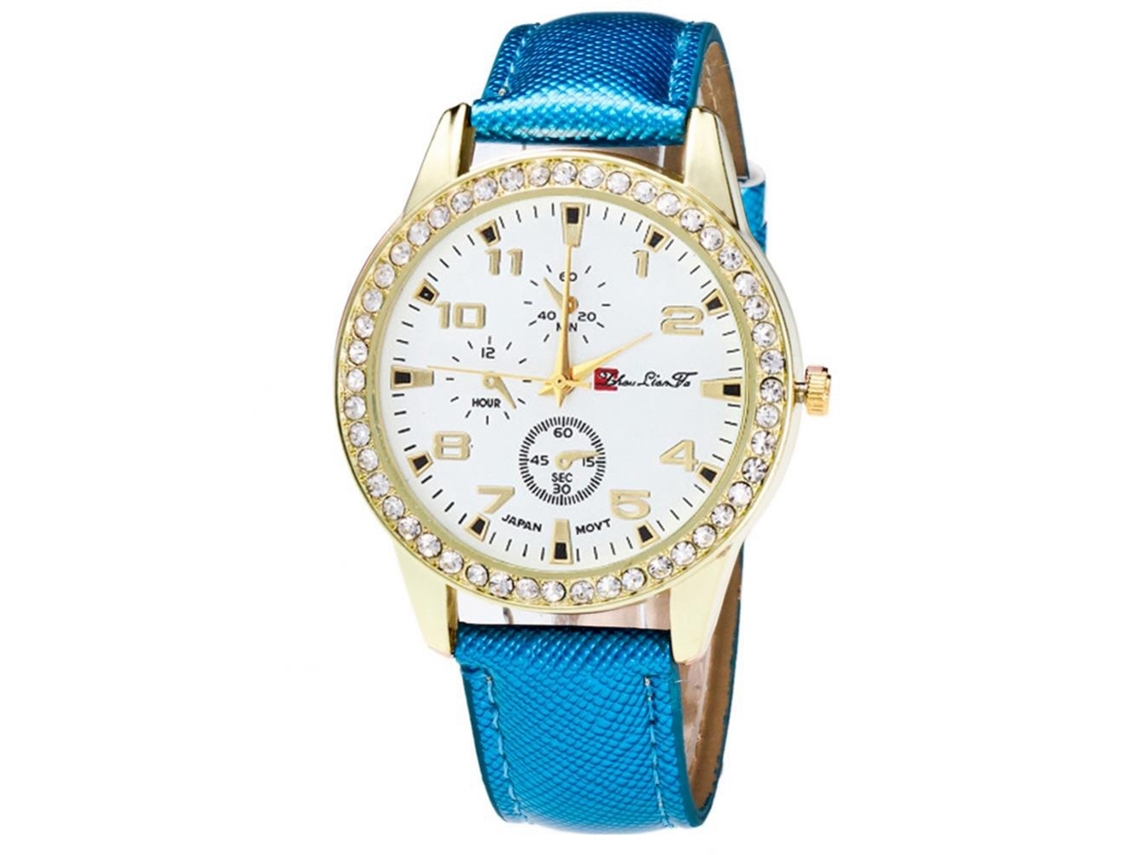 Relógio de casal Zhoulianfa azul com quartzo, pulseira de couro PU e strass.