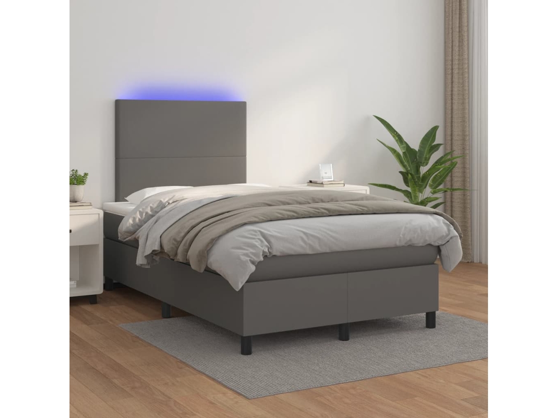 Cama Box Spring C/ Colchão/led 120x200cm Couro Artificial Cinza