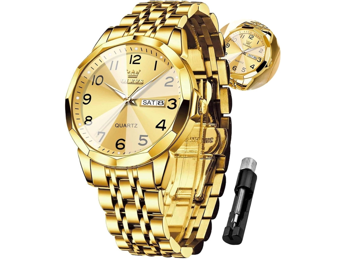 Lurelia Relógio Masculino, Movimento De Quartzo, Luminoso, Detalhes Com Strass, Aço Inoxidável, Resistente À Água 30m, Dourado