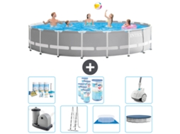 Piscina INTEX Round Prism Frame 610 X 132 Cm Cinza Inclui Bomba Escada Lençol Cobertura Pacote de Manutenção Filtros Aspirador de Pó