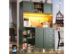 Aparador/armário 120x40x188cm: Led, Prateleira Lanches, 4 Portas, 2 Gavetas, Verde/preto/branco. Cs