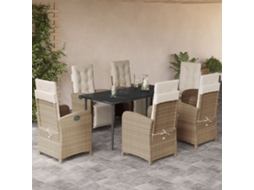 Vidaxl 7 Pcs Conjunto De Jantar P/ Jardim Com Almofadões Vime Pe Bege