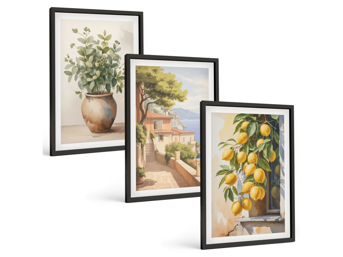 Conjunto De Pinturas Flores Em Um Vaso, Mar, Limões Espelharte (3 Peças 40x60 Cm)