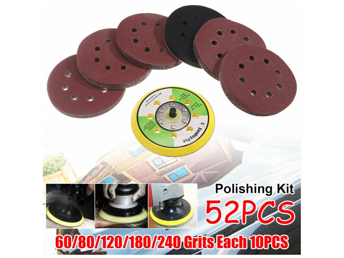 52 Peças 125mm Discos De Lixa Abrasiva Redondos 60 80 120 180 240 Grit Placa De Apoio Para Ferramentas De Polimento