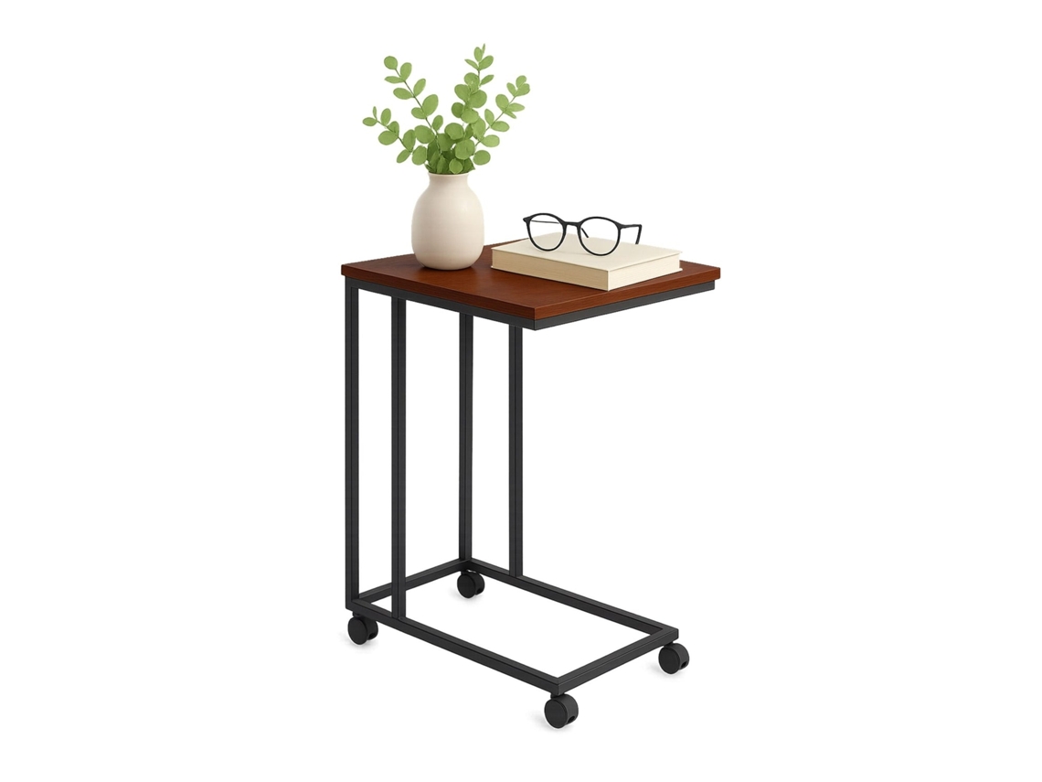 Mesa Lateral Em Formato C Com Rodízios, Tampo Efeito Madeira E Metal