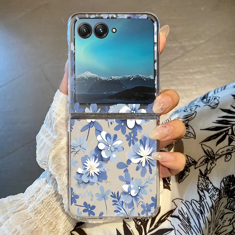 Capa Transparente Para Motorola Razr 40 Ultra Com Estampa Floral Azul, Resistente A Impactos.