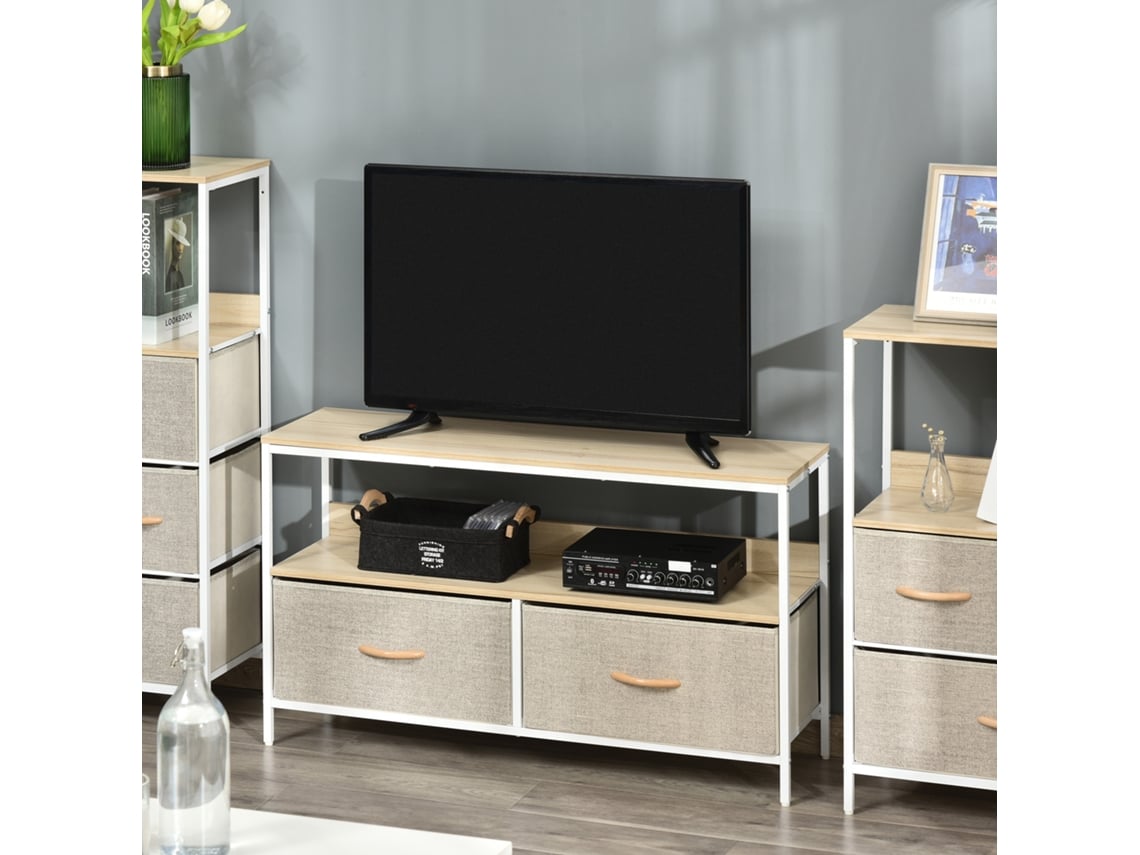 Móvel De Tv, Em Mdf, Para Televisores Até 47 Polegadas, 98 Cm De Comprimento, Natural E Cinzento, Com Prateleira E 2 Gavetas De Tecido Dobráveis