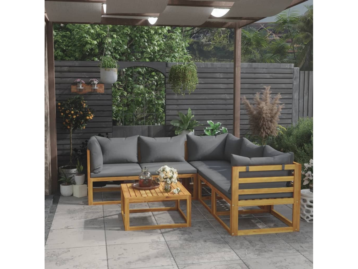 Vidaxl 6 Pcs Conjunto Lounge De Jardim C/ Almofadões Acácia Maciça