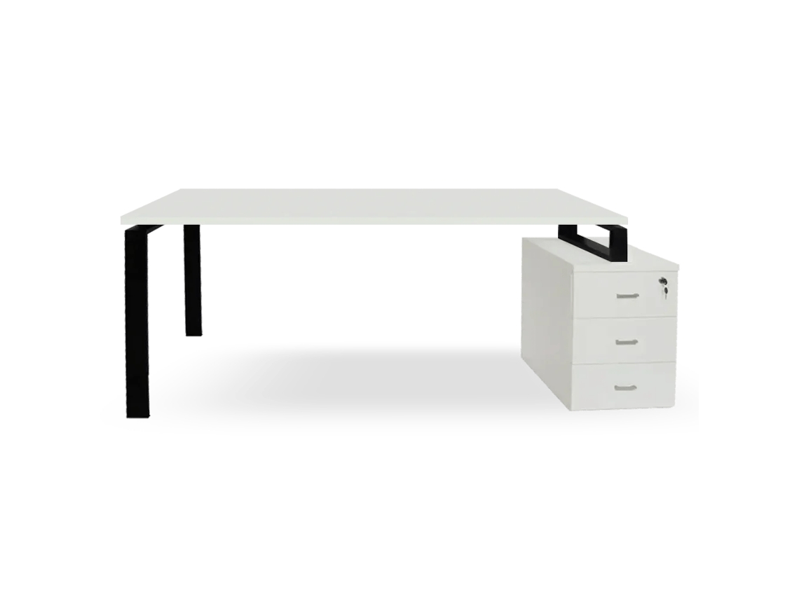 Escrivaninha Branca Com Gavetas. Estrutura De Metal Preta. 75 X 155,5 X 60 Cm. Tampo Branco. Ofilike