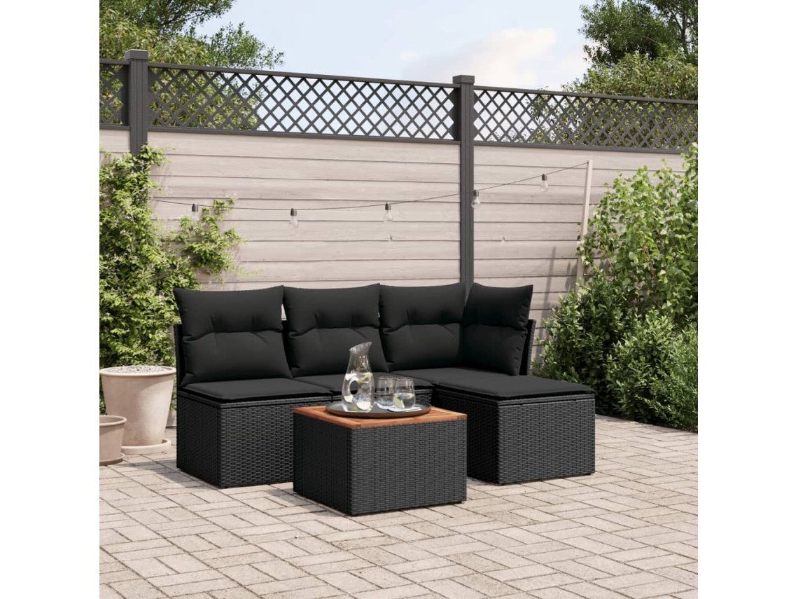 Vidaxl 5 Pcs Conjunto Sofás De Jardim Com Almofadões Vime Pe Preto