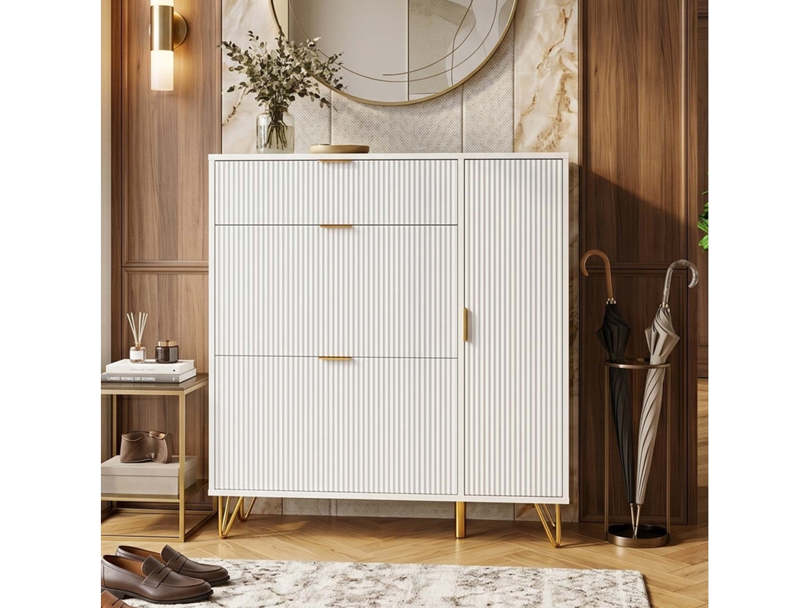 Lazyspace - Sapateira Moderna Com 3 Portas Basculantes E Armário Lateral, Madeira, Branco, 118.5x110x28.5 Cm