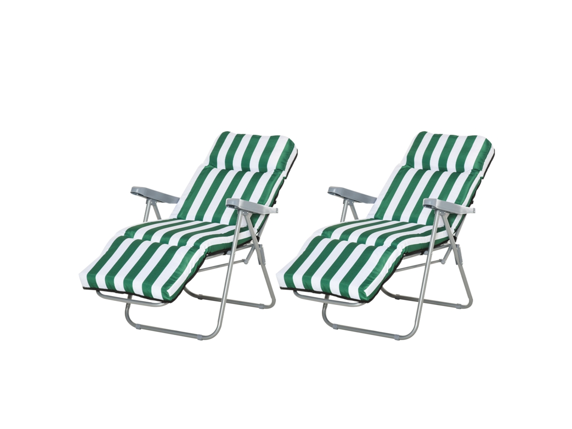 2 Espreguiçadeiras de Jardim em Aço com Encosto e Apoio para Pés Ajustáveis com Almofada (60x75x66 cm) Listras Verdes