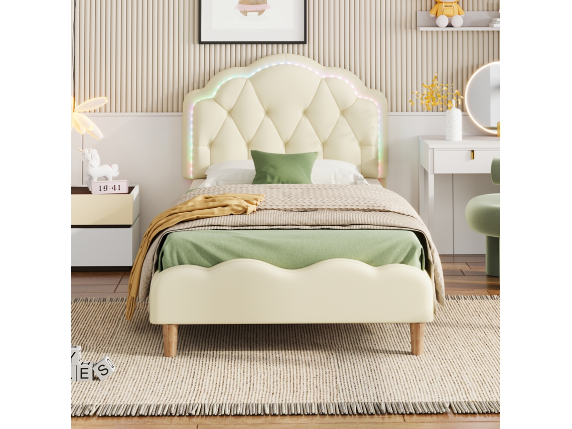 Cama Infantil 90x200 Cm, Cabeceira Ondulada Com Led Multicolorido, Revestimento Em Couro Pu Bege, Estrado De Ripas De Madeira, Colchão Não Incluído.