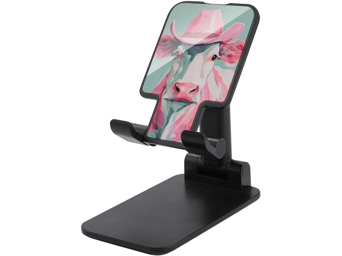 Suporte Dobrável E Ajustável Para Celular Em Formato De Vaca Usando Um Chapéu Caubói Rosa
