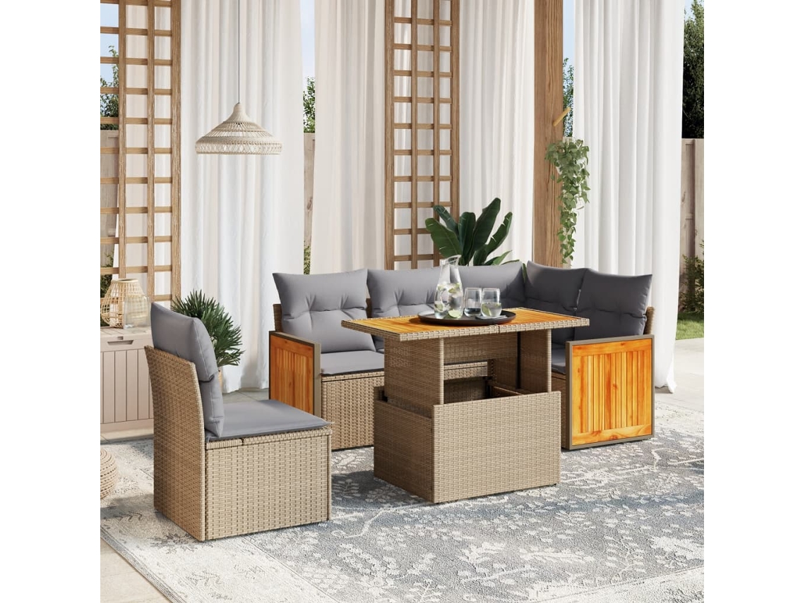 Vidaxl 6 Pcs Conjunto De Sofás P/ Jardim Com Almofadões Vime Pe Bege