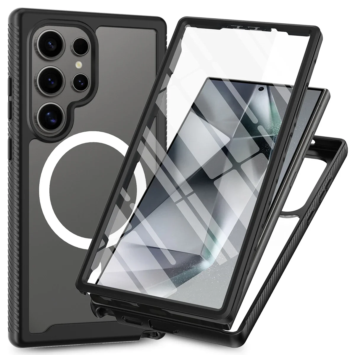 (preto, Galaxy S23) Capa Transparente 360° À Prova De Choque, Compatível Com Carregamento Magnético, Inclui Protetor De Tela.