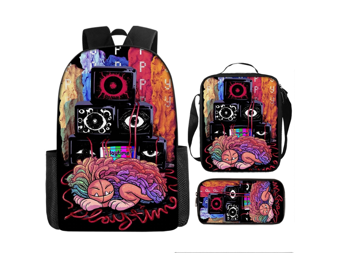 Conjunto De Três Peças De Mochila Infantil Com Estampado De Desenhos Animados: Mochila Escolar Com Alças, Lancheira Térmica E Estojo, Modelo 11