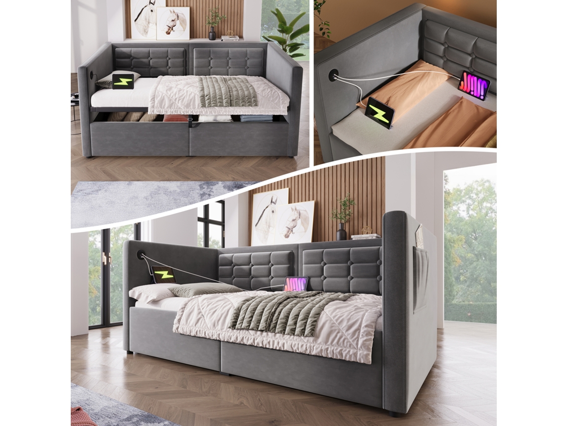 Sofá-cama 90x190 Cm Com Armazenagem Usb Type-c Grau