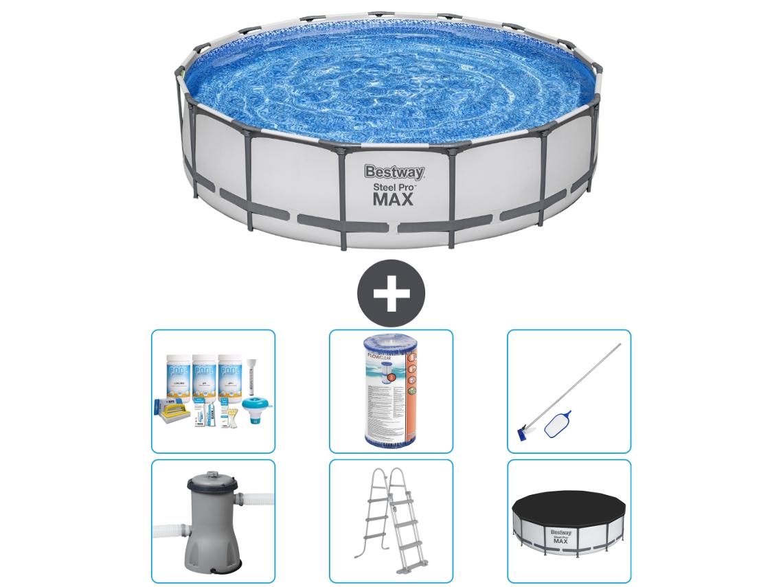 Piscina BESTWAY Round Steel Pro Max 457 X 107 Cm Cinza Incluindo Bomba Escada Cobertura Pacote de Manutenção Filtro Kit de Limpeza