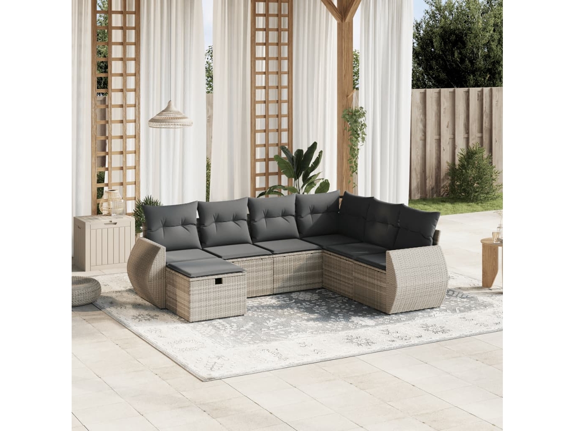 Vidaxl 7 Pcs Conj. Sofás Jardim Com Almofadões Vime Pe Cinzento-claro