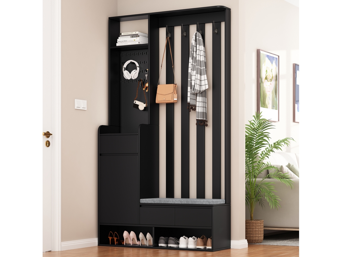 Roupeiro Para Hall De Entrada Com Banco Estofado Para Arrumação, Sapateira Multifunções Para Hall De Entrada Com Painel Perfurado BAGOLY