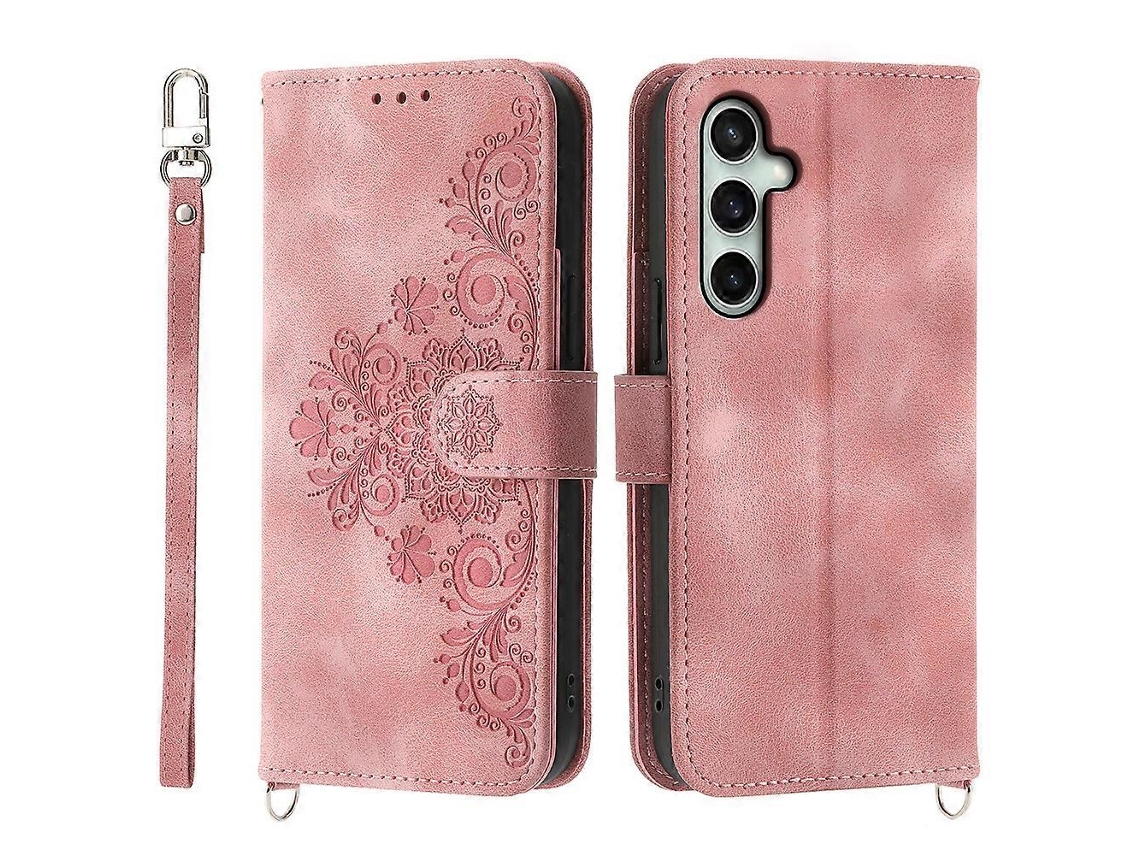 Capa Tipo Carteira De Couro Sintético Com Estampa Floral E Alça Para Samsung Galaxy S25 Fe, Rosa