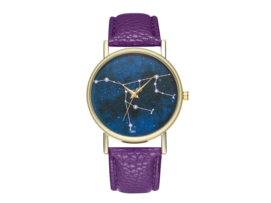 Relógio de quartzo unissex com pulseira de couro PU, mostrador Universe, Zhoulianfa (roxo)