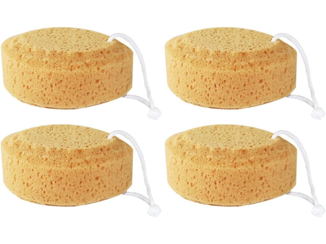 Conjunto de 4 esponjas de banho no formato favorito da Mel, laranja.
